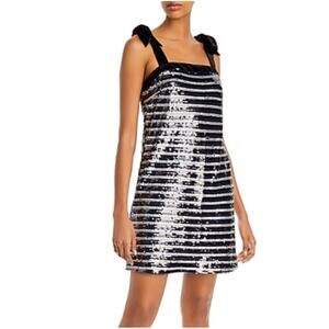 AQUA Sequined Mini Shift Striped Cocktail Party Dress Black and Silver Size 10